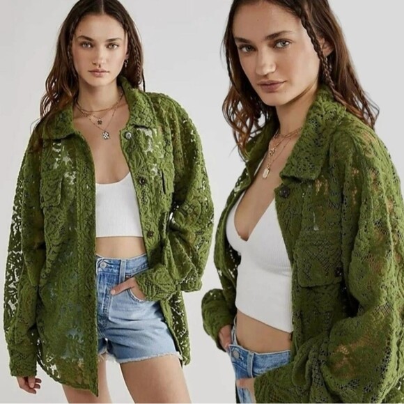 Free People Lace Ruby Jacket Button Top Chenille Lace Oversize Olive Green XS